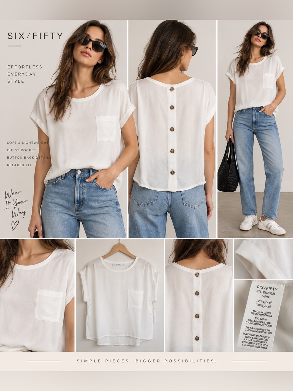 NWT SIX/FIFTY (Nordstrom) White Button Back Pocket Blouse Top, Size Medium